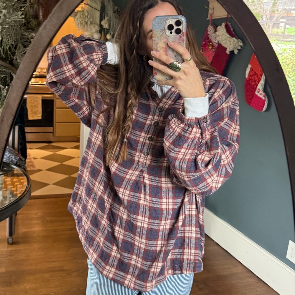 Free People Northern Bound Plaid blouse long sleeve flannel top sz large - Picture 5 of 12